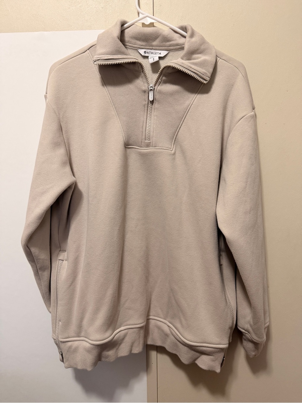 Athleta Women's Half-Zip Pullover Hoodie in Light Taupe